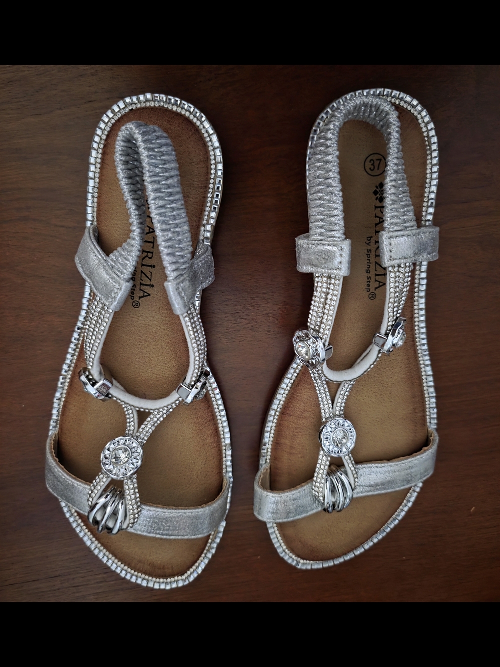 Metallic Silver Embellished T-Strap Sandals